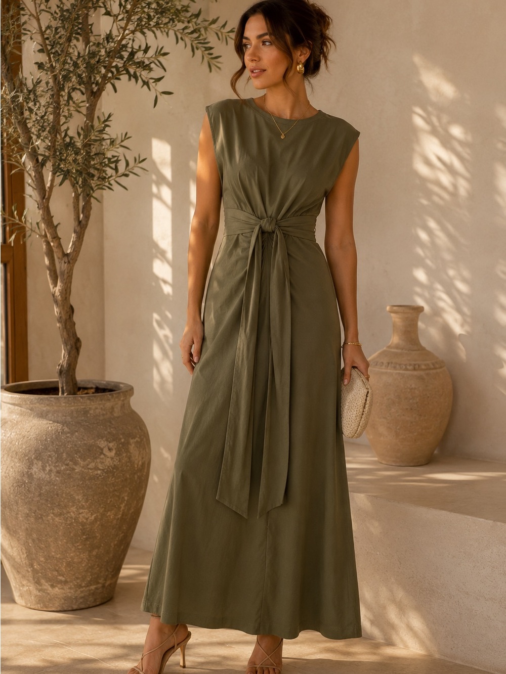 Women's Modern Citizen Olive Green Tie Waist Maxi Dress Size Small Elegant